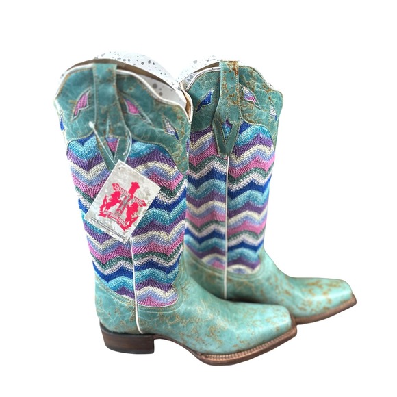 Tanner Mark NWB Womens SZ 9 Turquoise Zigzag Western Cowboy Boots Square Toe - Picture 2 of 12